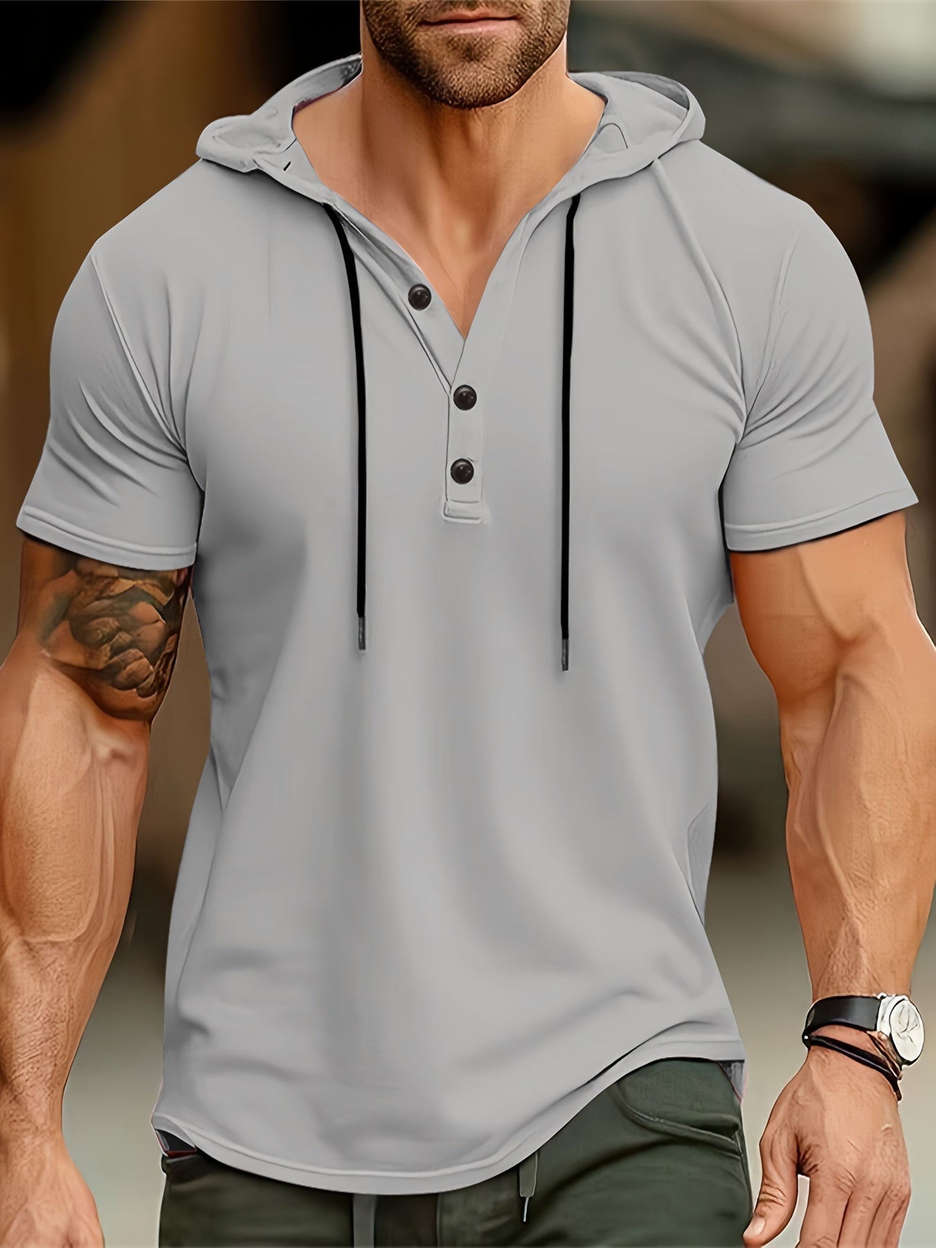 Alberico | Korte mouwen T-shirt met capuchon en knoopsluiting voor heren - Casual Top