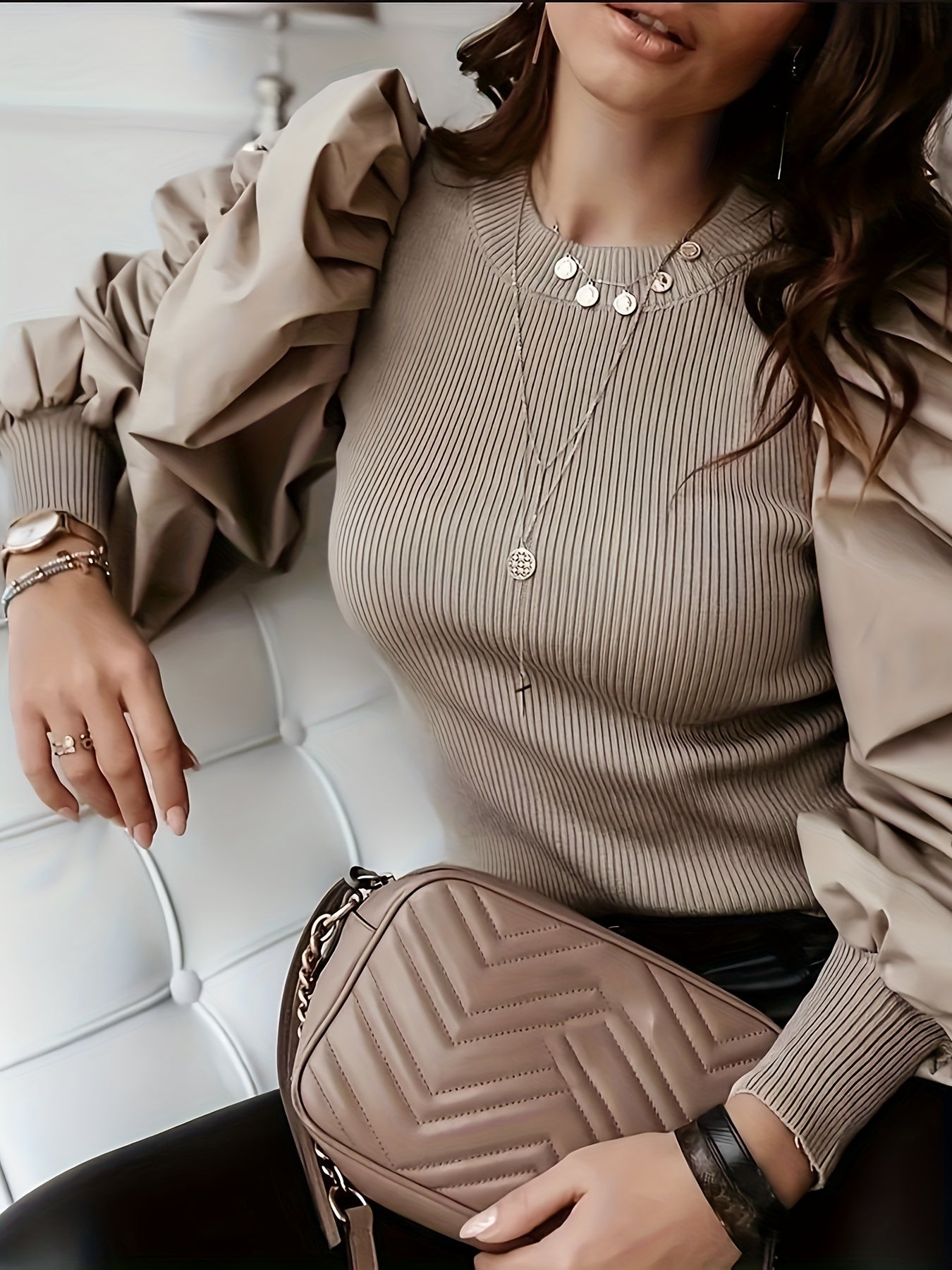 Valindra | Elegant Solid Ribbed Crew Neck Blouse with Puff Sleeves