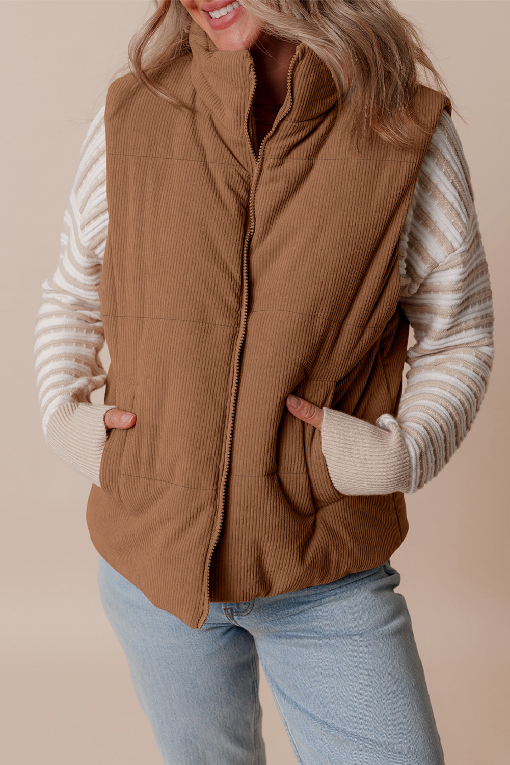 Dagny | Corduroy Puffer Vest met Ritssluiting Staande Kraag Casual Jack voor Dames