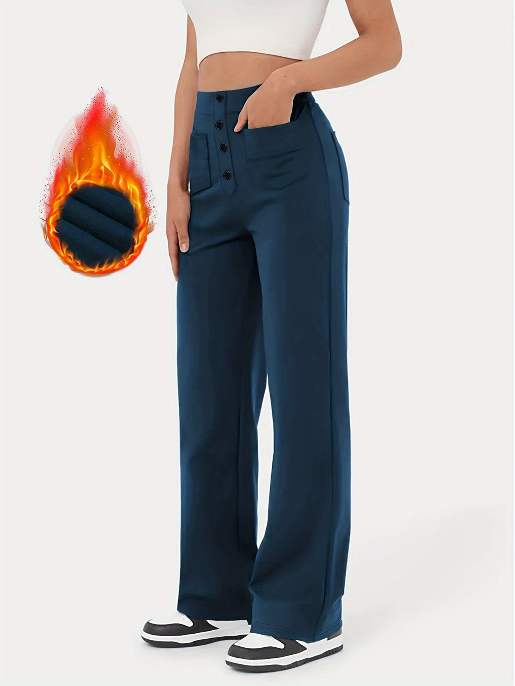 Samara | Marineblauwe stretchbroek met hoge taille, knoopsluiting en meerdere zakken
