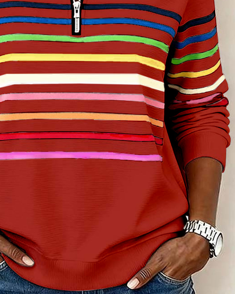Vayen | Regenboogstreep sweatshirt met halve rits voor dames – Casual pullover, trendy kleurrijke top
