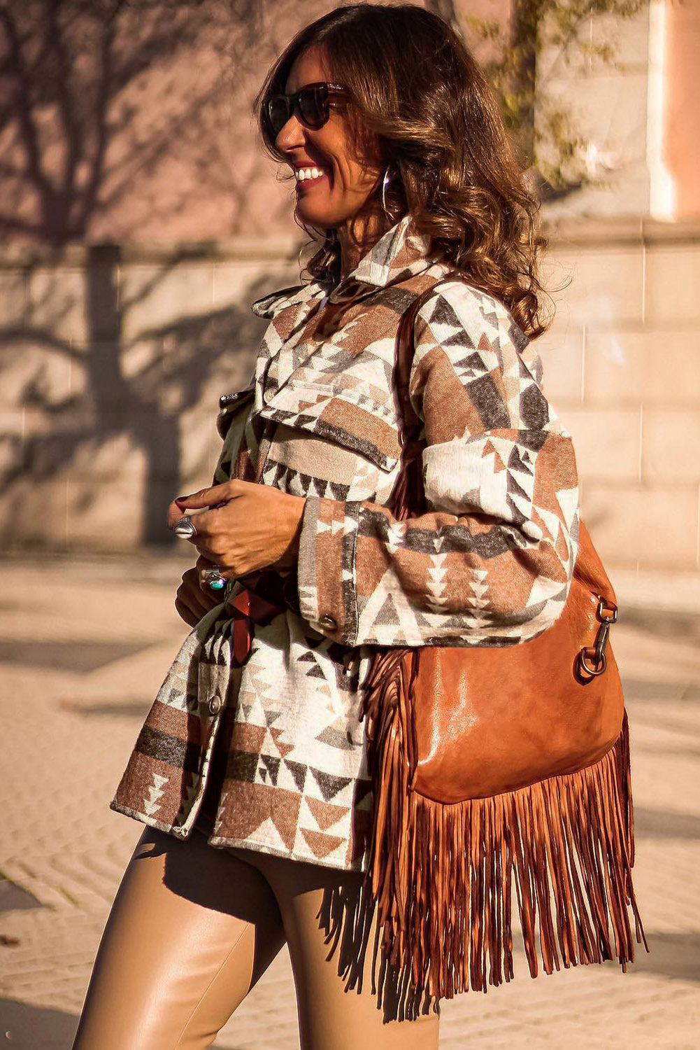 Kamilla | Retro Brown Geometric Print Jacket