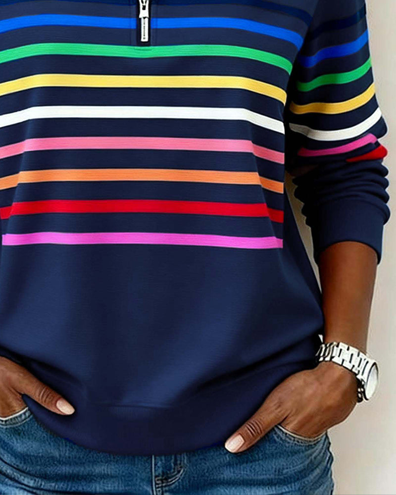 Vayen | Regenboogstreep sweatshirt met halve rits voor dames – Casual pullover, trendy kleurrijke top