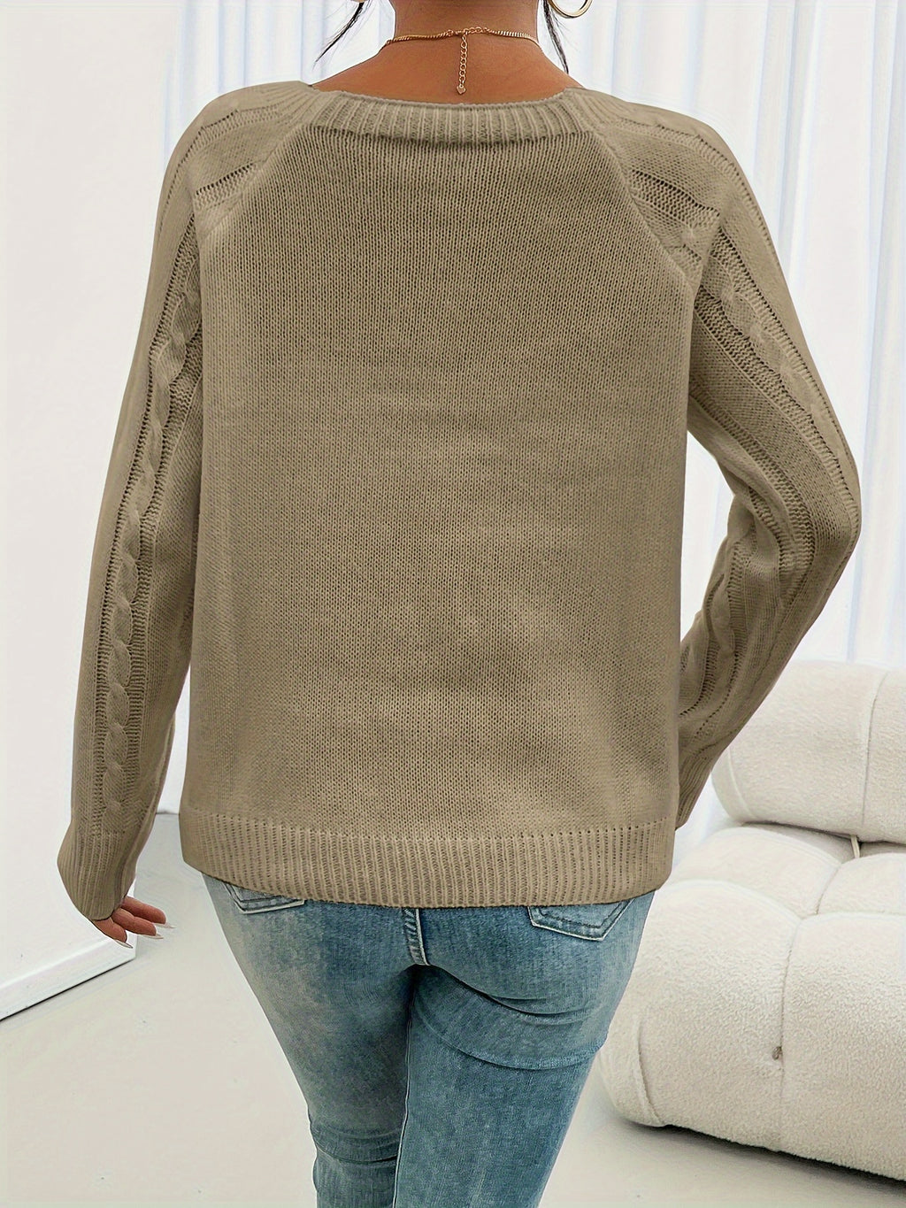 Olivine | Vrouwen Trui met lange mouwen en gebreide kabel - Casual Pullover Top met ronde hals