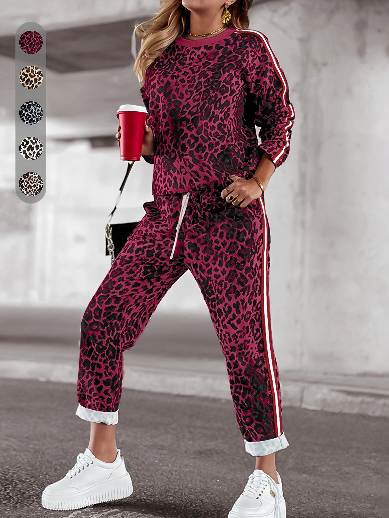 Emryth | Two-piece women's leopard print set - long-sleeve top and high-waisted pants, casual lounge outfit