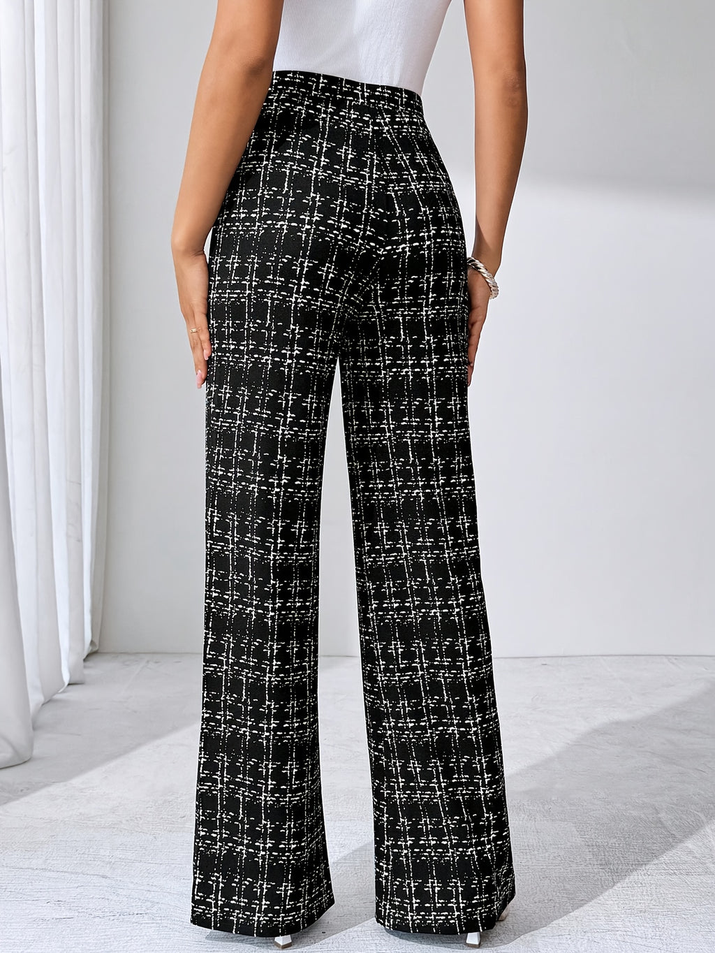 Laverna | Hoge taille geruite tweed flare broek voor dames – Rekbare casual broek met wijde pijpen