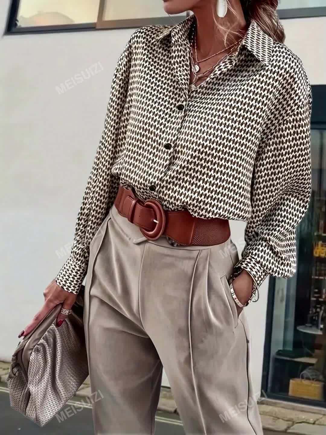 Titania | Women's long-sleeve shirt with geometric print and button placket - Stylish blouse