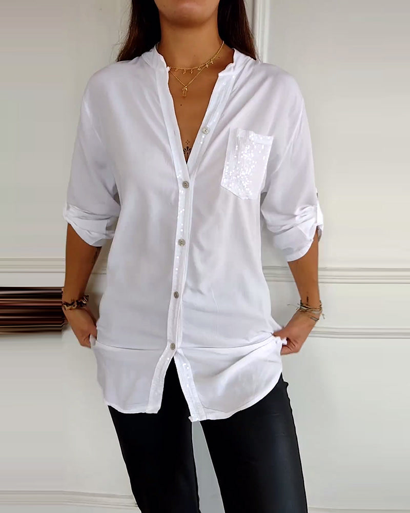 Stella | Elegant Sequin Blouse - Casual Button-Down Top with Adjustable Cuffs