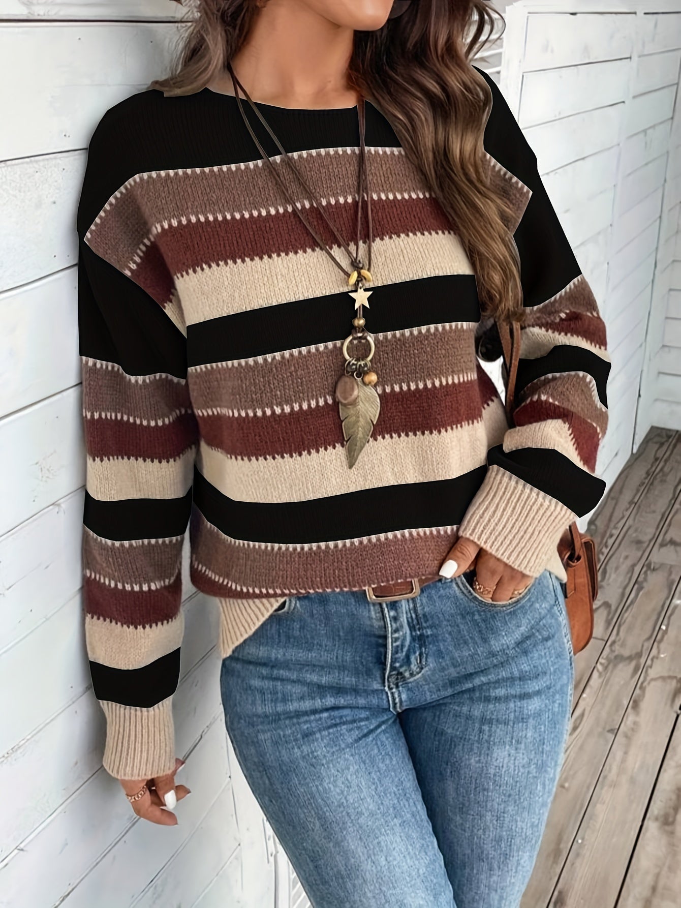 Freja | Dames Trui met Kleurblok Streepjes Ronde Hals - Vintage Pullover Met Lange Mouwen voor Vrijetijdskleding