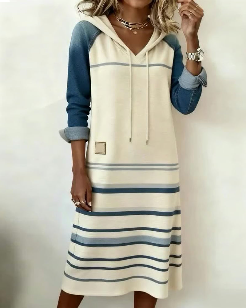 Enlina | Casual hoodiejurk met patchworkstrepen – denimstijl met lange mouwen, comfortabele jurk