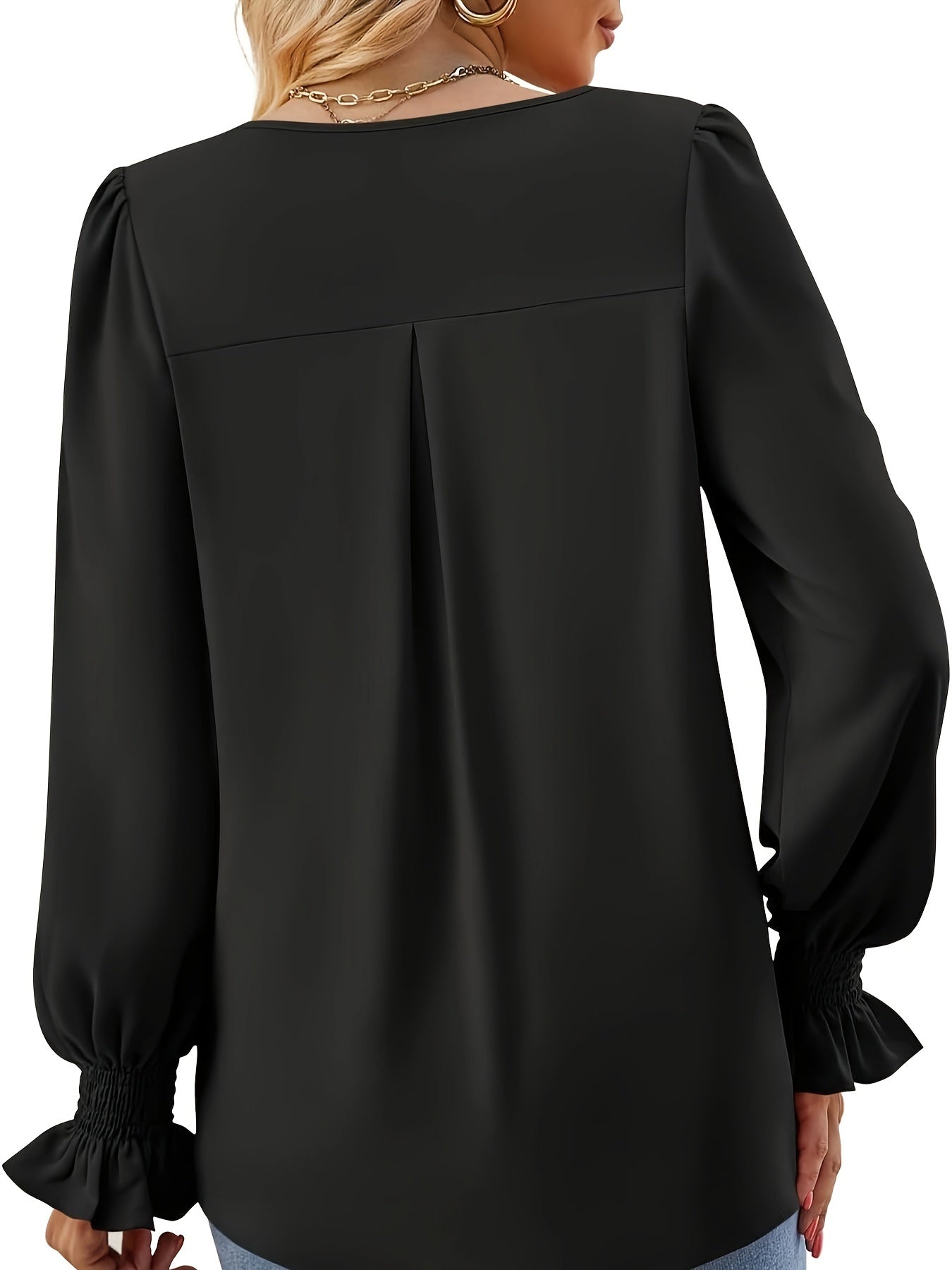 Reverie | Effen V-hals Blouse met Lange Mouwen voor Vrouwen - Elegante Top met Ruches en Klassieke Pasvorm