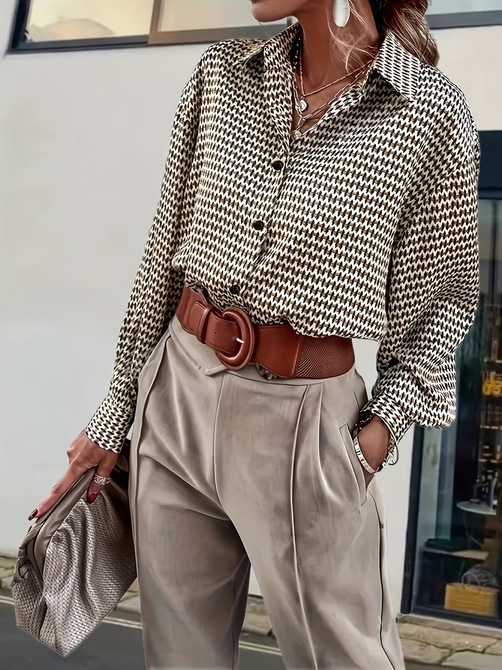 Titania | Women's long-sleeve shirt with geometric print and button placket - Stylish blouse