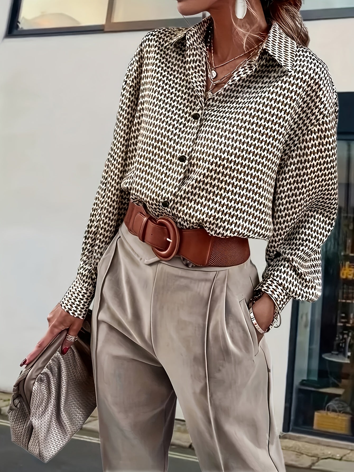 Titania | Women's long-sleeve shirt with geometric print and button placket - Stylish blouse