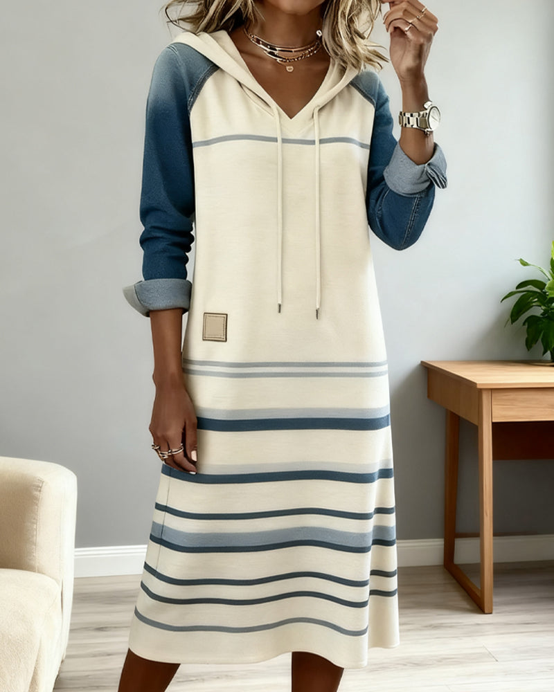 Enlina | Casual hoodiejurk met patchworkstrepen – denimstijl met lange mouwen, comfortabele jurk