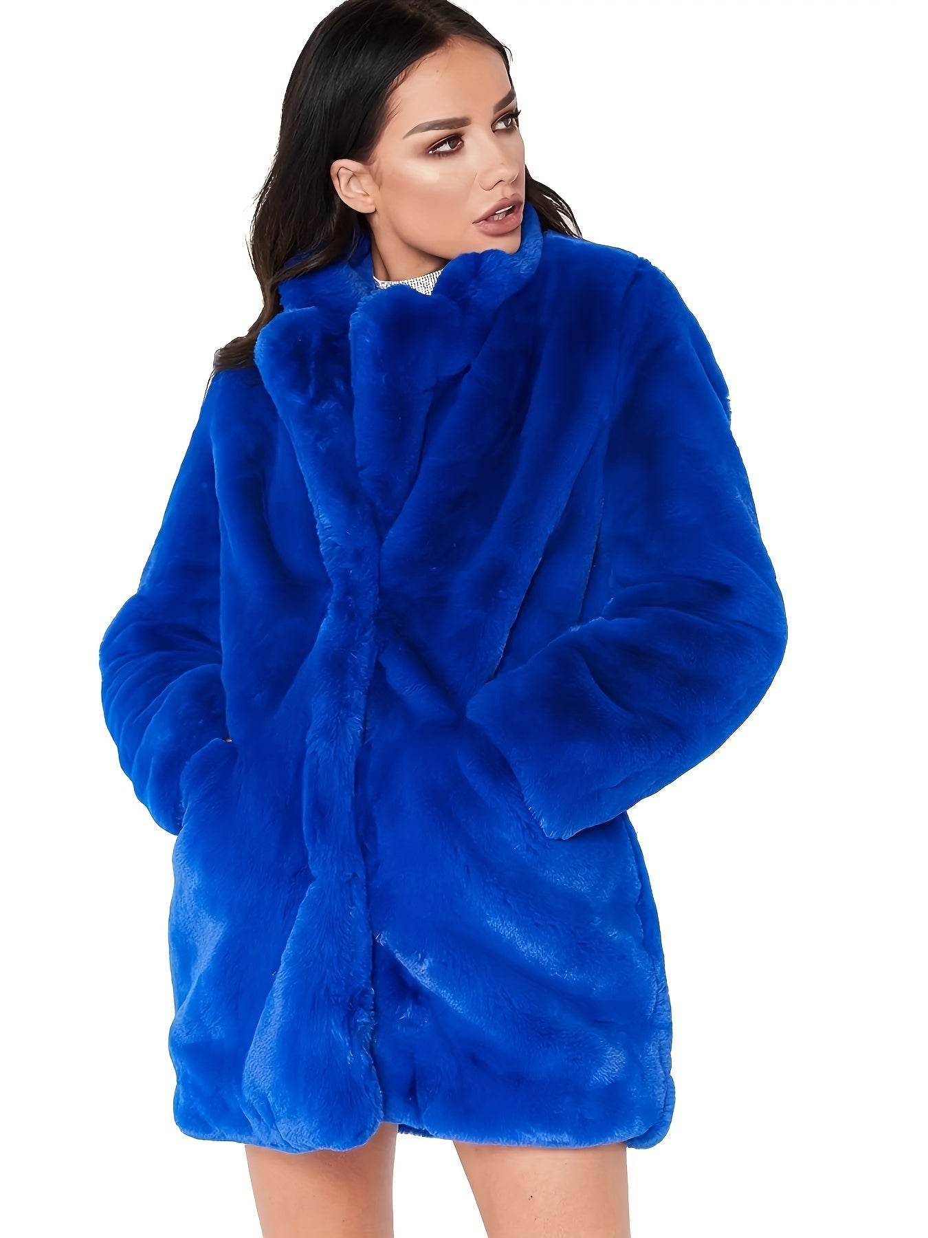 Zerlina | Elegant mid-length faux fur coat for women - concealed button fastening, with pockets