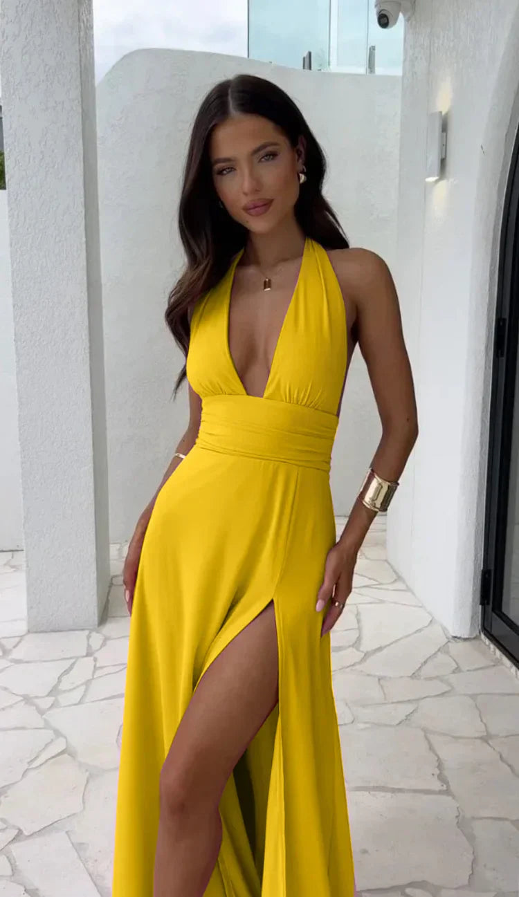 Novelyn | Sexy Deep V-Neck Slit Flowy Dress