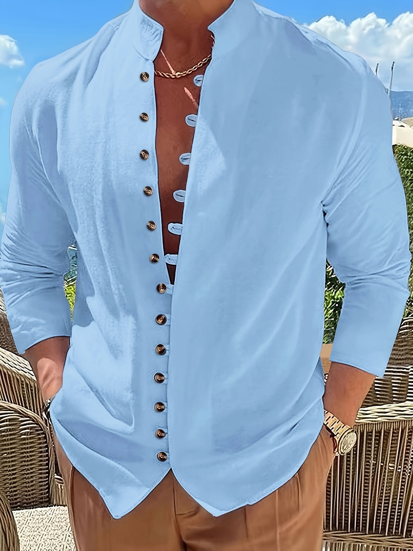 Philly | Heren Vintage Katoenen Linnen Casual Overhemd - Lange Mouw, Staande Kraag, Knoopdetail, Los model