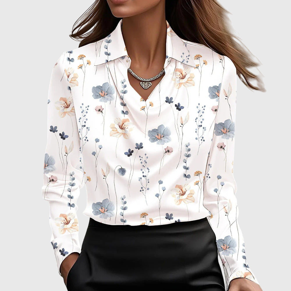 Amelthra | Elegante satijnen blouse met lange mouwen voor dames, gedrapeerd shirt met swingkraag