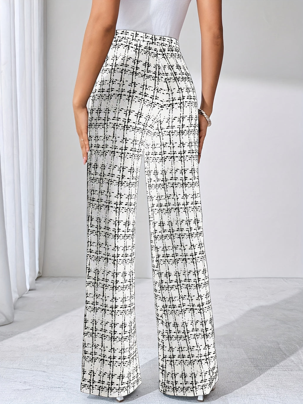Laverna | Hoge taille geruite tweed flare broek voor dames – Rekbare casual broek met wijde pijpen