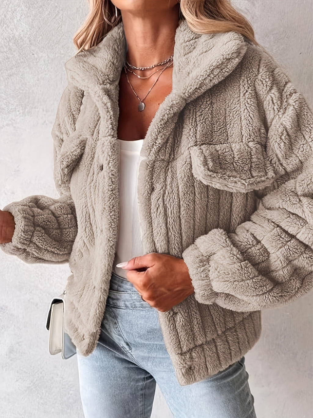 Violetta | Casual teddyjack voor dames met imitatiezakken - Knus, Polyester, Machinewasbaar, Effen Kleur