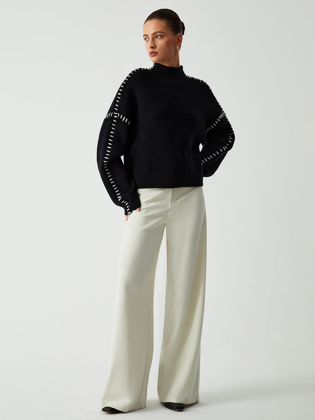 Heera | Damestrui met oversized mouwen en stiksels aan de zoom - Knusse en stijlvolle trui