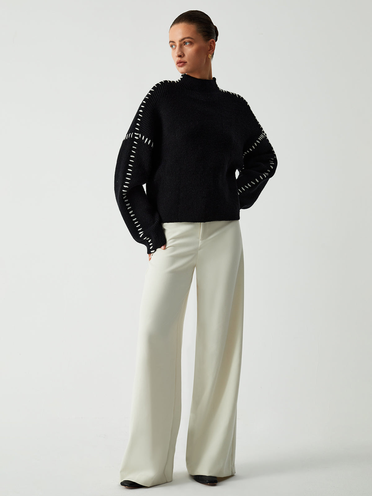 Heera | Damestrui met oversized mouwen en stiksels aan de zoom - Knusse en stijlvolle trui