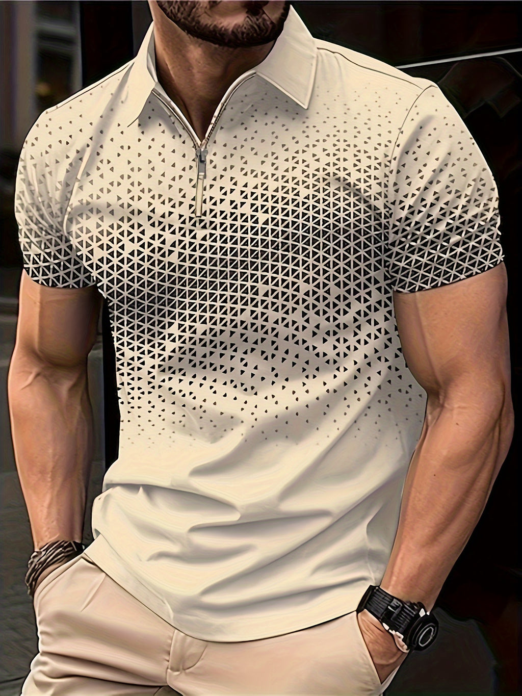 Waldred | Polo zippé géométrique pour homme - Respirant, extensible, manches courtes, coupe décontractée