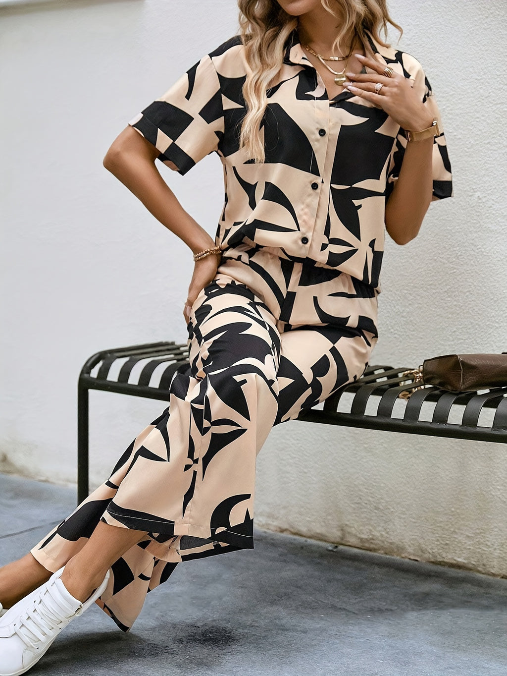 Veyra | Elegant Two-Piece Set with Abstract Print, Button-Up Shirt, and Wide-Leg Pants