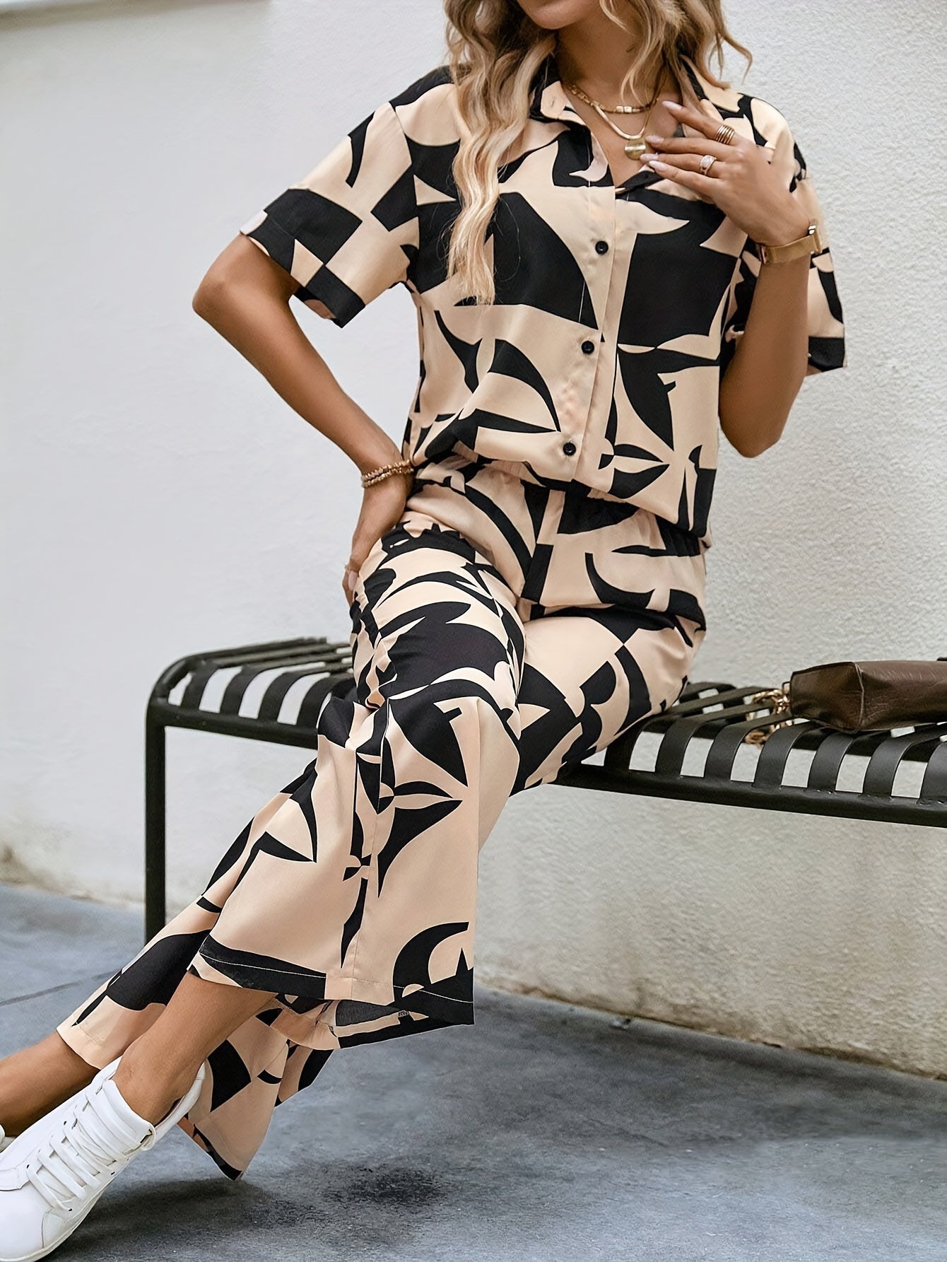 Veyra | Elegant Two-Piece Set with Abstract Print, Button-Up Shirt, and Wide-Leg Pants