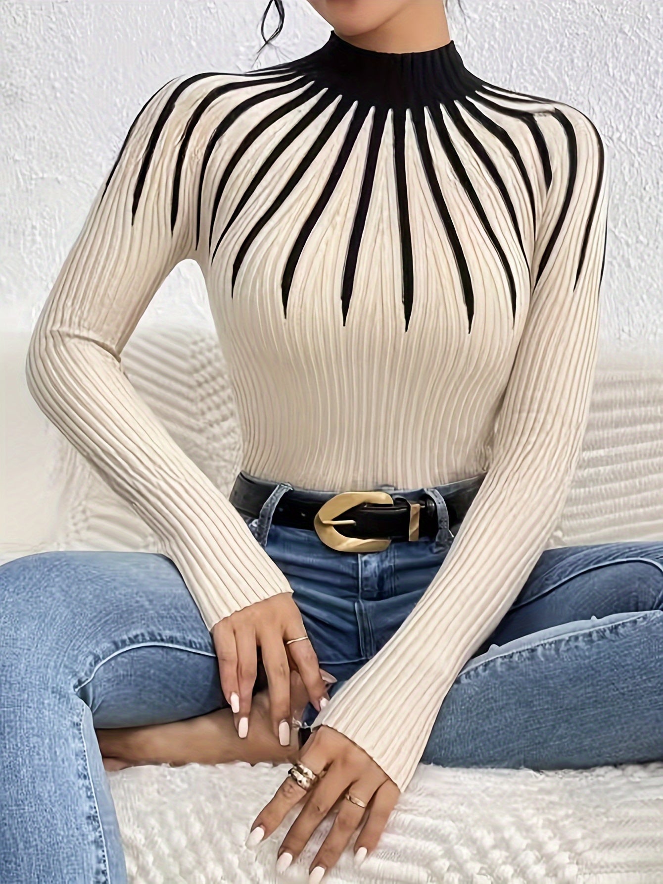 Dulcinea | Elegante ribgebreide trui met kleurblokken - Pullover met lange mouwen en ronde hals voor dames