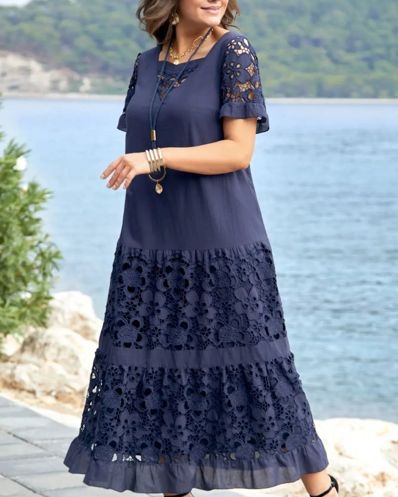 Wynessa | Elegante Geborduurde Maxi Jurk - Holle Kanten Korte Mouwen & Rok, Vloeiend & Chic