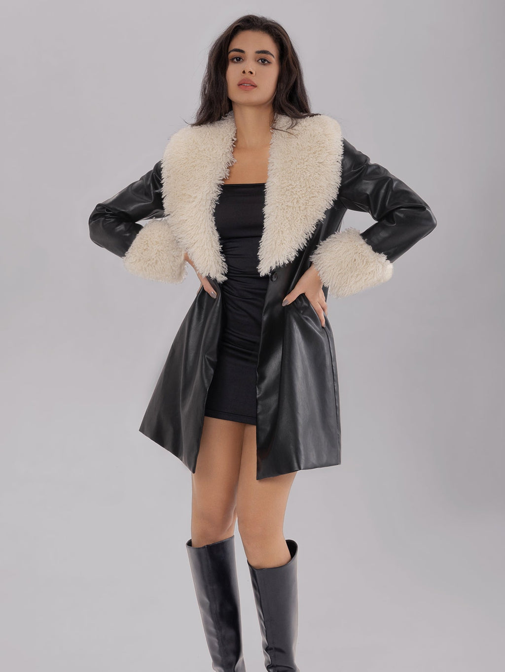 Posy | Women's leather jacket with fluffy collar, warm fleece lining