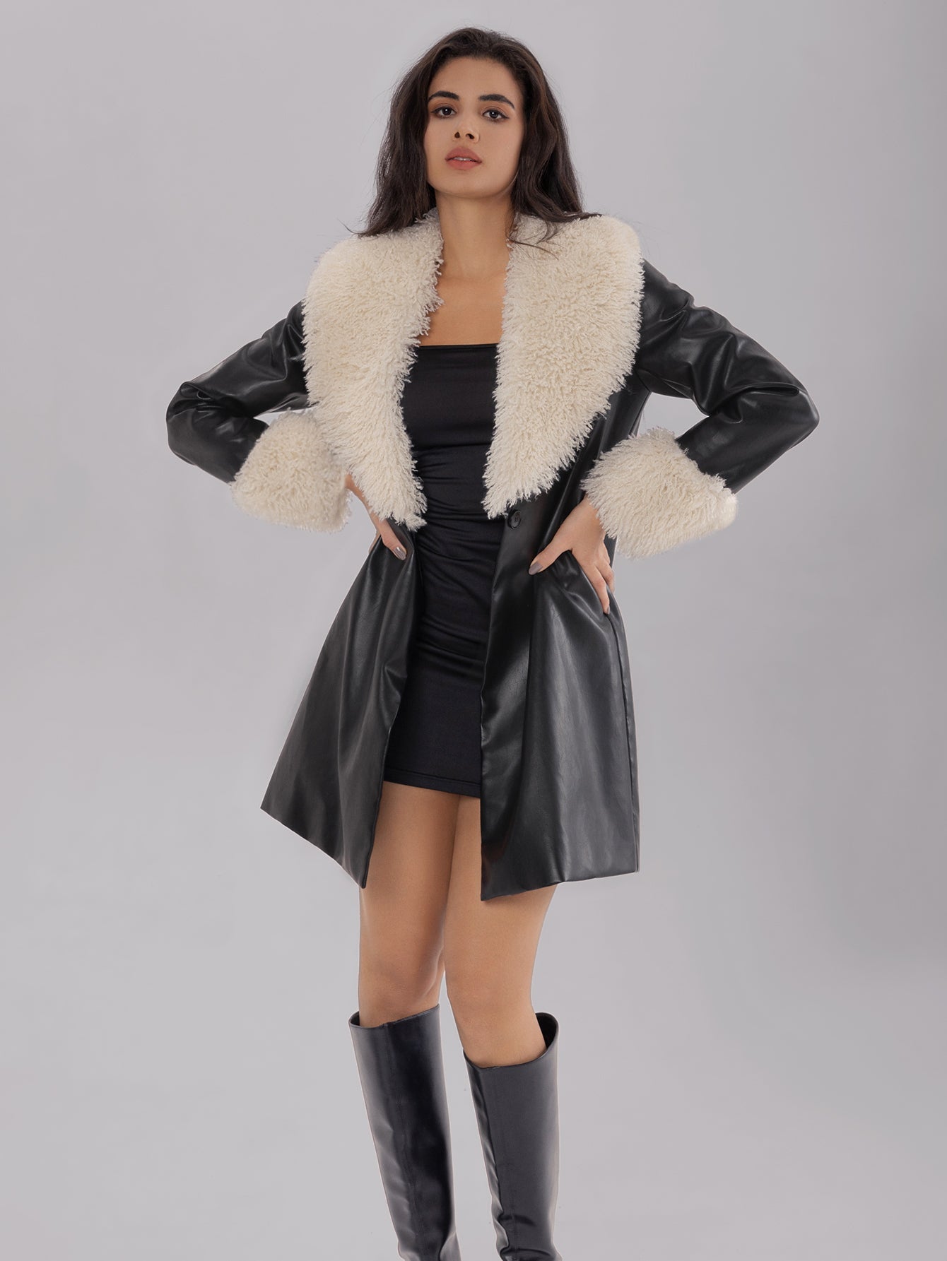 Posy | Women's leather jacket with fluffy collar, warm fleece lining