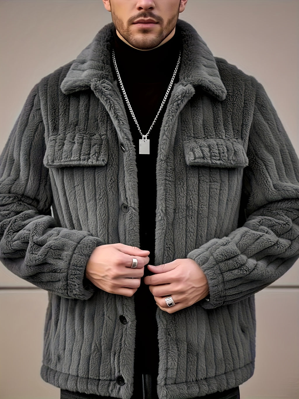Bryler | Winterjas – Pluche fleecejas met luxe kraag, enkele knoopsluiting, zachte grijze casual bovenkleding