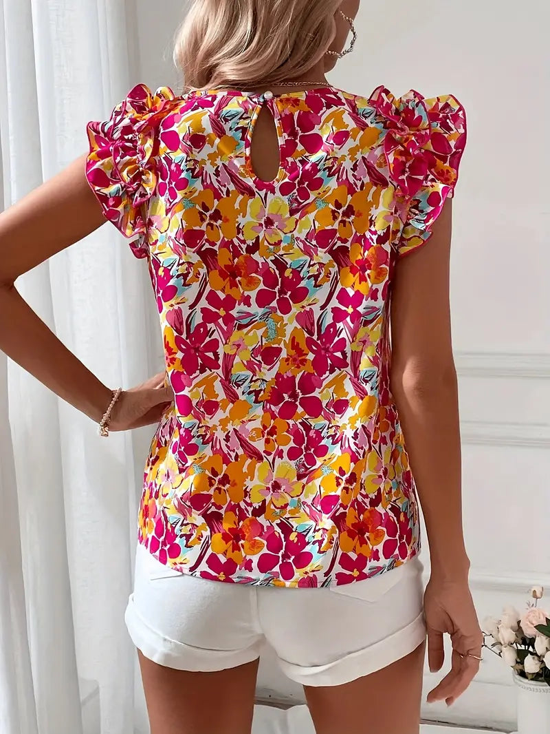 Elegante blouse met ronde hals en bloemenprint met franje