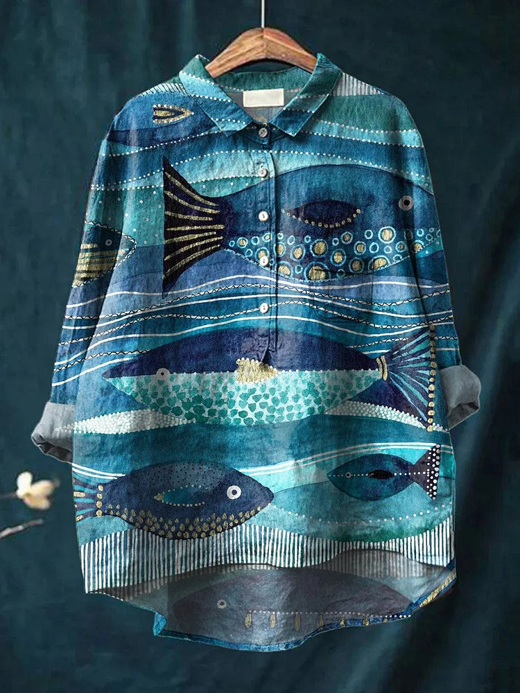 Elza | Oversized Damesshirt met Hondenkunst print - Lange Mouw Katoenen Casual Blouse