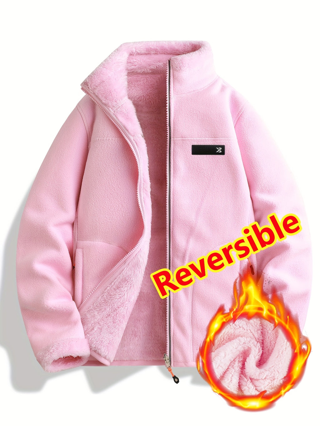Taisia | Omkeerbaar koraalkleurig fleecejack voor dames – dikke pluche sweaterjas, warme casual winterjas