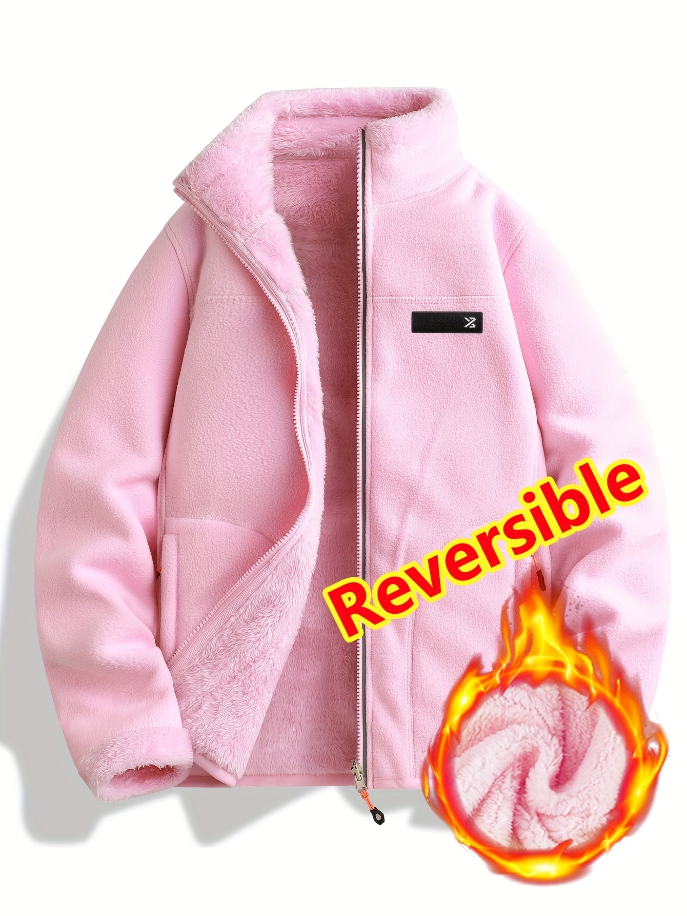 Taisia | Omkeerbaar koraalkleurig fleecejack voor dames – dikke pluche sweaterjas, warme casual winterjas