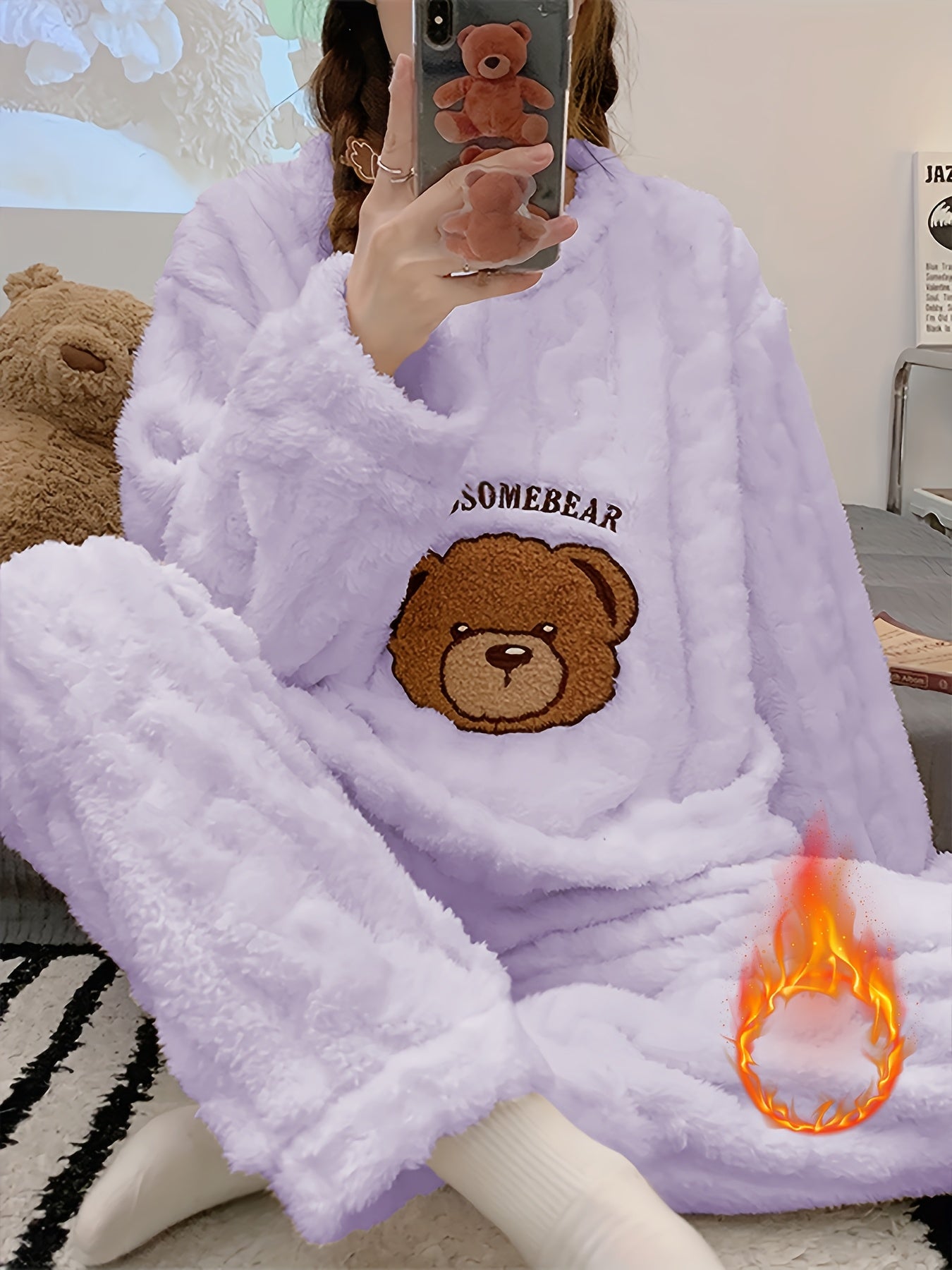 Faren | Cozy women's fleece pajama set - Bear embroidery, long-sleeve top & flannel pants