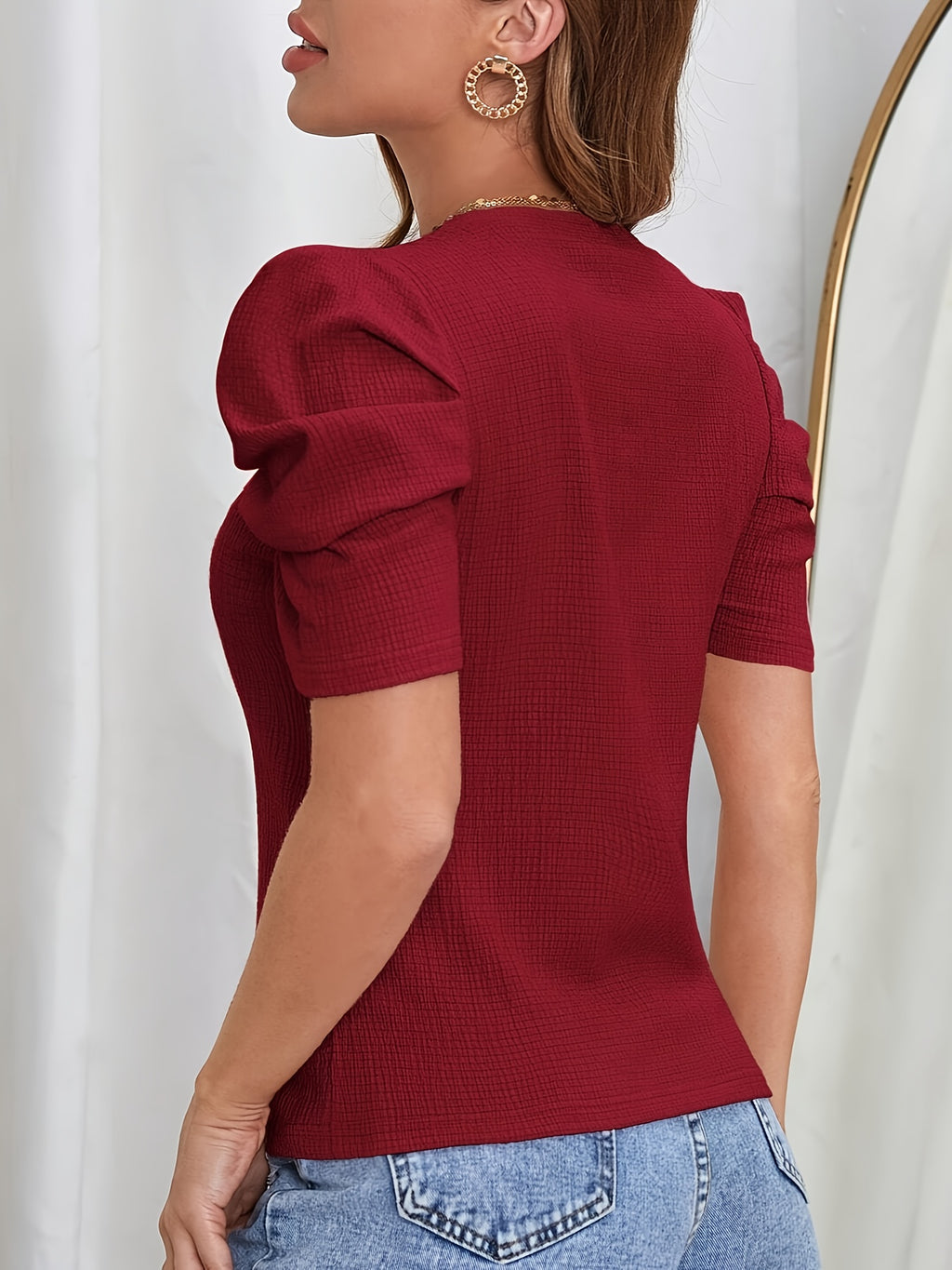 Ailith | Elegant effen dames T-shirt met pofmouwen en ronde hals