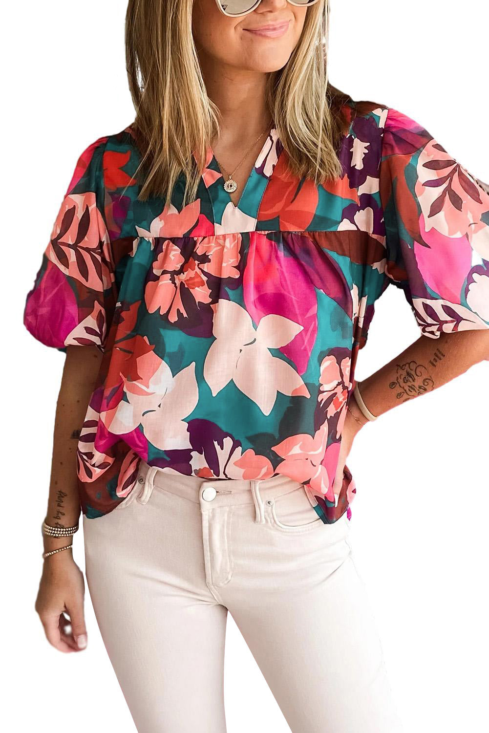 Ysoria | Blouse with Floral Puffed Sleeves and Notched V-Neck - Elegant Women's Top