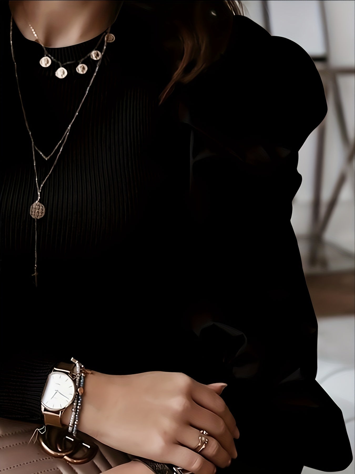 Valindra | Elegant Solid Ribbed Crew Neck Blouse with Puff Sleeves