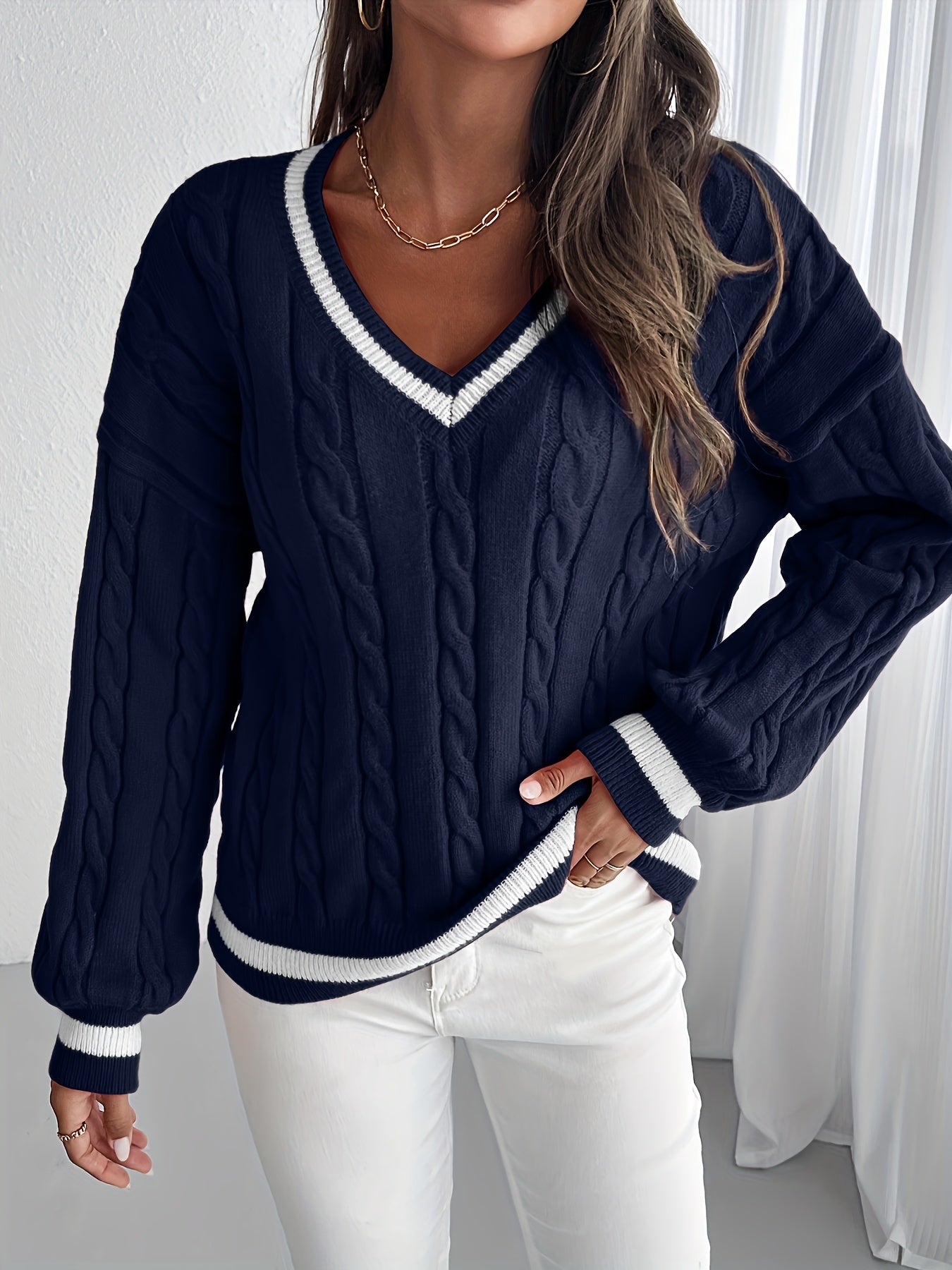 Esther | Elegante gebreide trui met V-hals voor vrouwen - Casual Pullover met lange mouwen, Zachte gebreide kabeltop