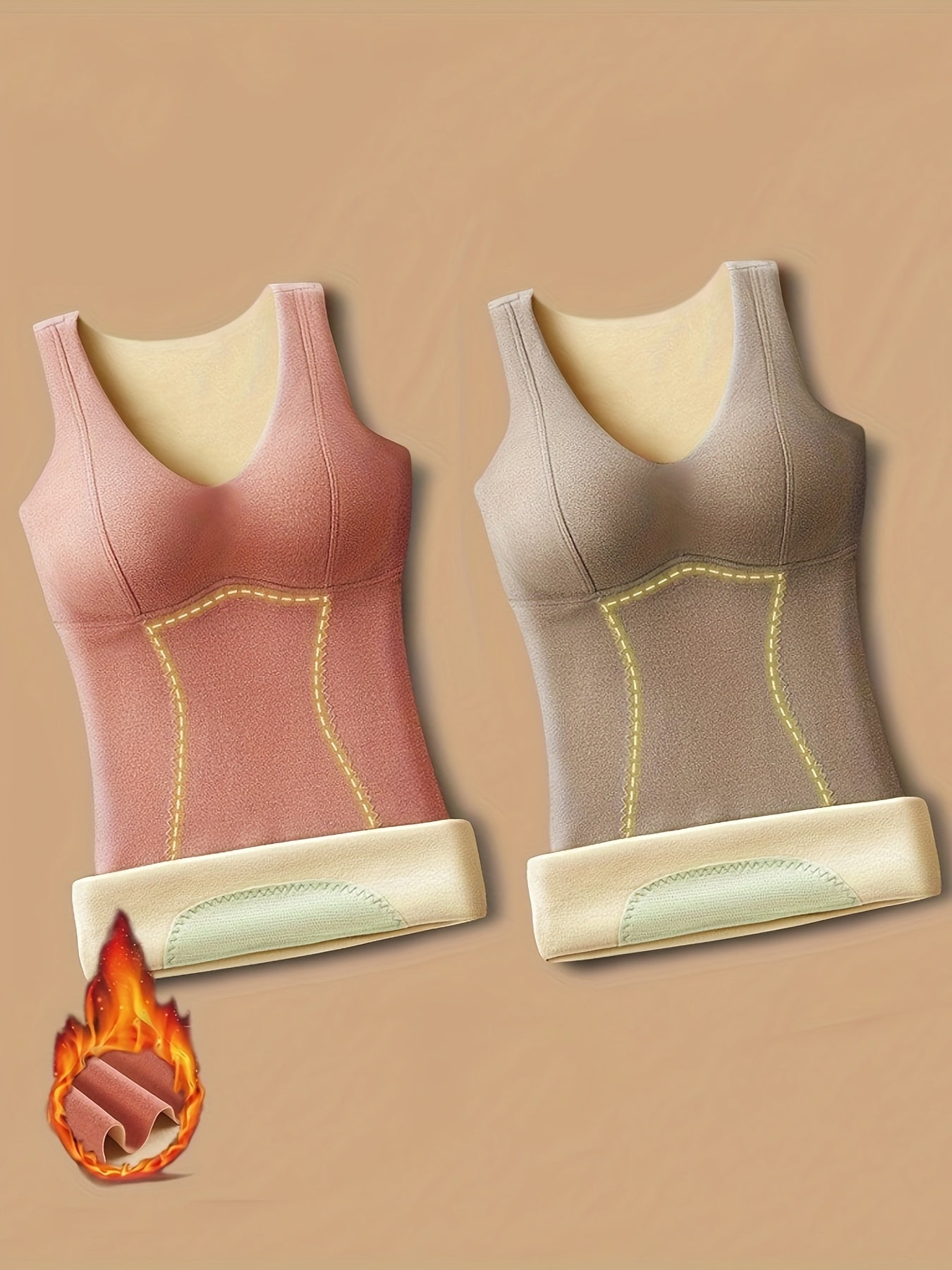 Dionne | 2-pack Seamless Fleece Lined Thermal Women's Tops with Built-in Bra - Slim Fit, Round Neck