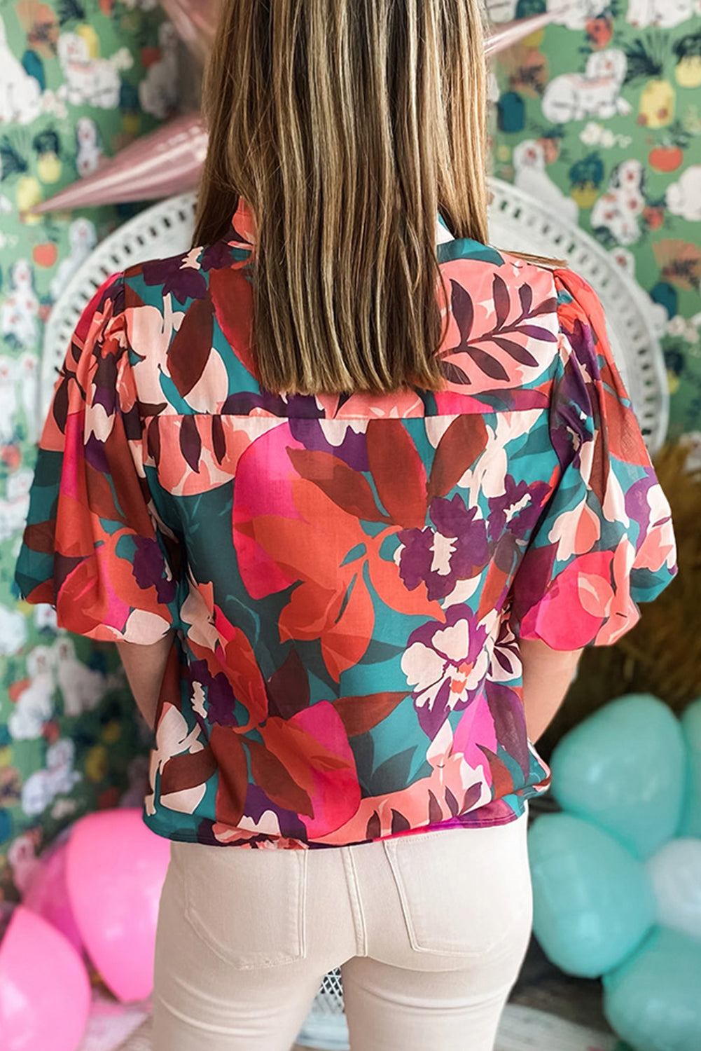 Ysoria | Blouse with Floral Puffed Sleeves and Notched V-Neck - Elegant Women's Top