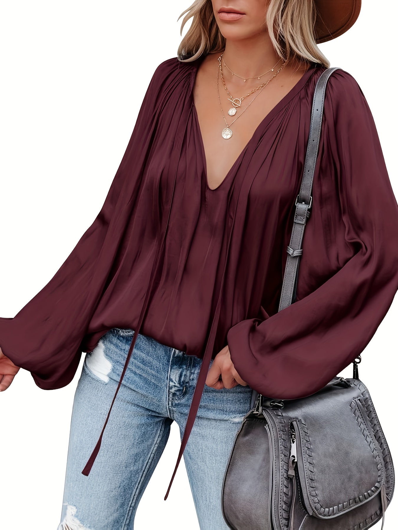 Vaiana | Women's Satin V-Neck Blouse with Lantern Sleeves - Elegant, Loose-Fitting, Dressy Top