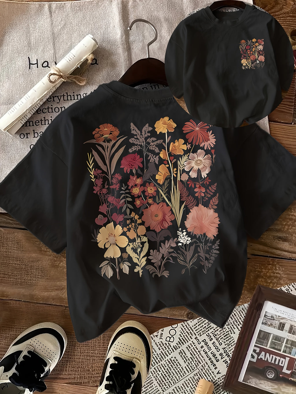 BotaniTee | T-shirt à motif floral - Manches courtes, col rond, t-shirt décontracté en coton
