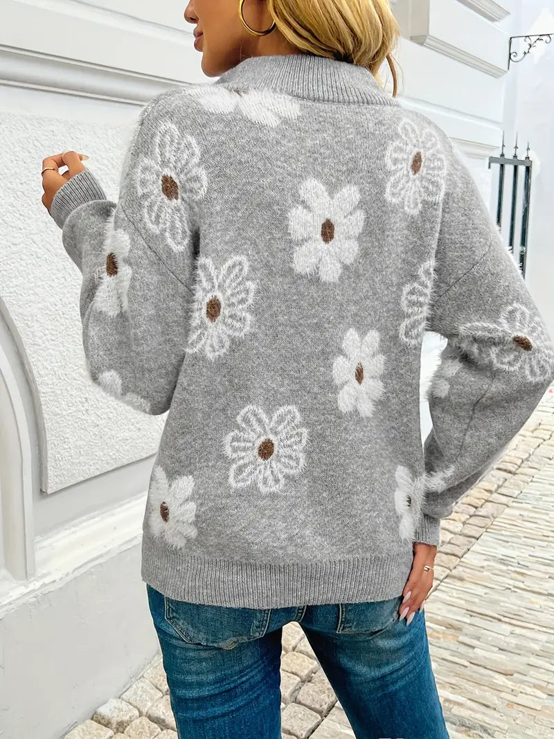 Felra | Dames trui met bloemenprint, halve rits, verlaagde schouders, hoge hals, comfortabel en stijlvol