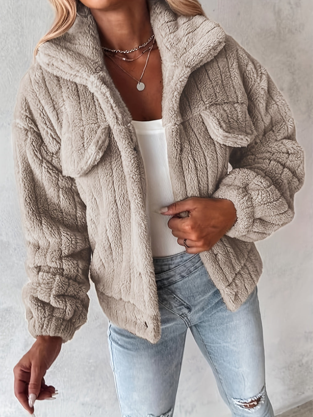 Violetta | Casual teddyjack voor dames met imitatiezakken - Knus, Polyester, Machinewasbaar, Effen Kleur