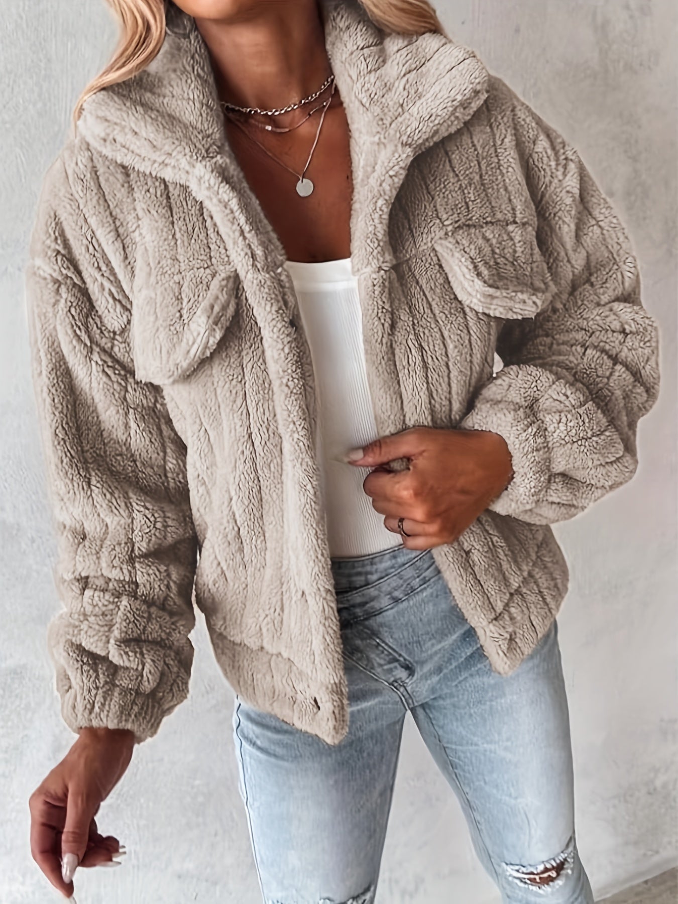 Violetta | Casual teddyjack voor dames met imitatiezakken - Knus, Polyester, Machinewasbaar, Effen Kleur